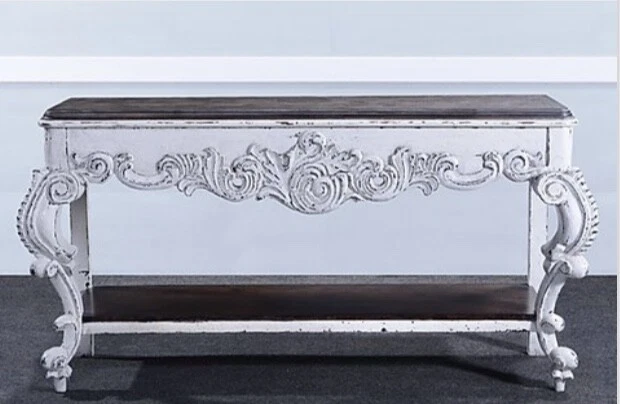 Baroque Carved Console Ornate Table Sofa Table White Distressed Stained Top