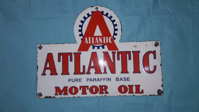Porcelain Atlantic Motor Oil Enamel Sign 26X16 Inches