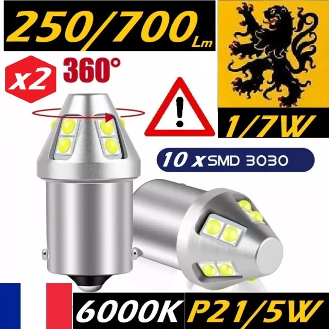 2x P21/5W BAY15D LED 10x SMD3030 250/700Lm 6000K 12V 1W/7W ALU HQ FEUX JOUR 360°