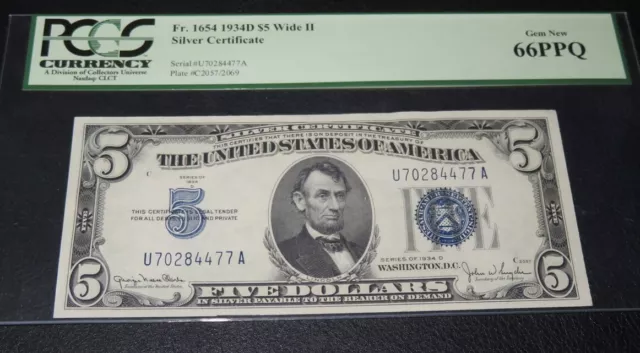 $5 1934D Silver Certificate Wide II. UA Block.  Beautiful Note. PCGS 66 PPQ