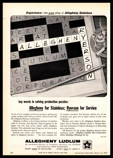 1959 Allegheny Ludlum Steel Pittsburgh PA Crossword Puzzle Ryerson Print Ad