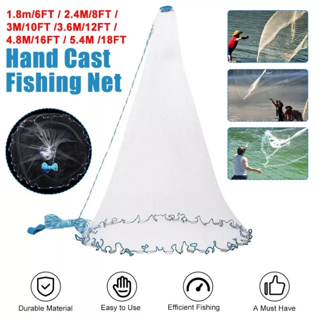 6ft-18ft Fishing Cast Net Quick Throw Nylon Mesh Drawstring Chain Bottom Spread