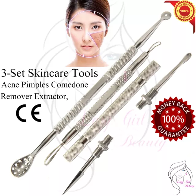 3-Set Skincare Tools-Blackhead Whitehead Acne Pimples Comedone-Remover Extractor