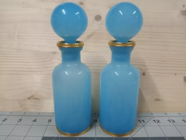 2 Antique Opaline Glass French Perfume Bottles Blue Vase Gold Ormolu Portieux