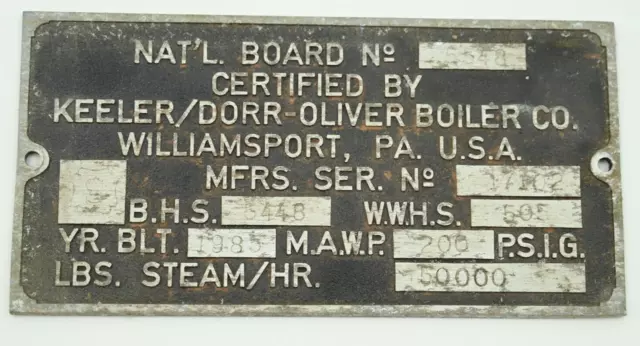 Vintage Keeler Dorr-Oliver Boiler Co Steam Plate with Data Williamsport PA