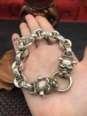 Asian chinese old miao silver hand cast dog statue bracelet jewel cool gift