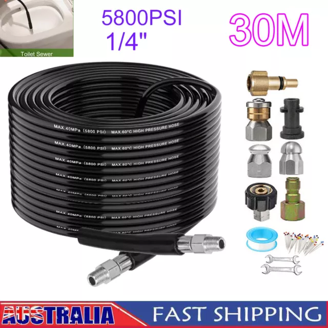 30M 1/4”High Pressure Washer Hose Pipe Sewer Drain Cleaning Cleaner Kit 5800PSI