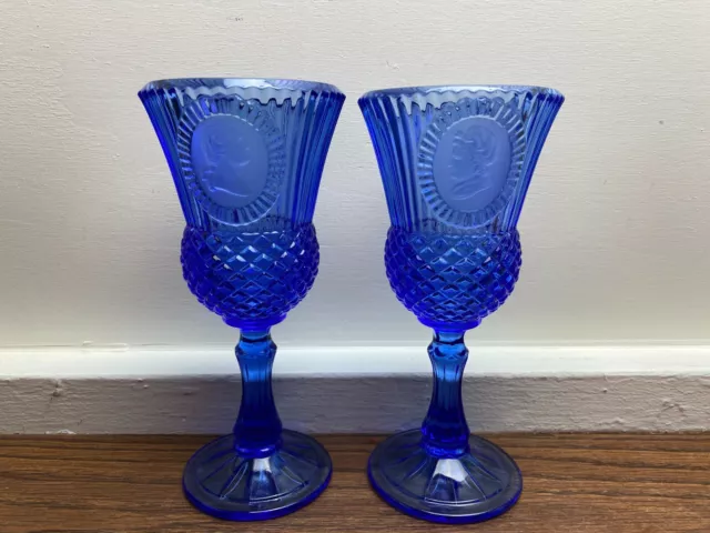 Set of 2 Vintage Avon Cobalt Blue Fostoria Goblets George & Martha Washington