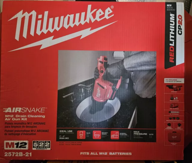 Milwaukee 2572B-21 M12 AIRSNAKE Drain Cleaning Air Gun Kit With Attachments New