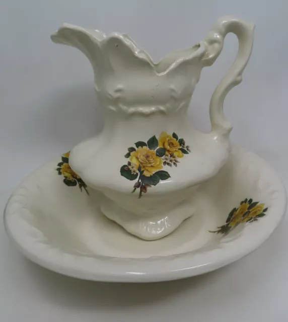 **** Ceramic White Pitcher and Wash Bowl Yellow Roses Victorian Style