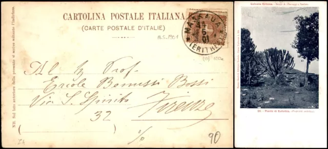 Colonie Eritrea - 2 cent soprastampato (13) isolato su cartolina del 14.5.1901