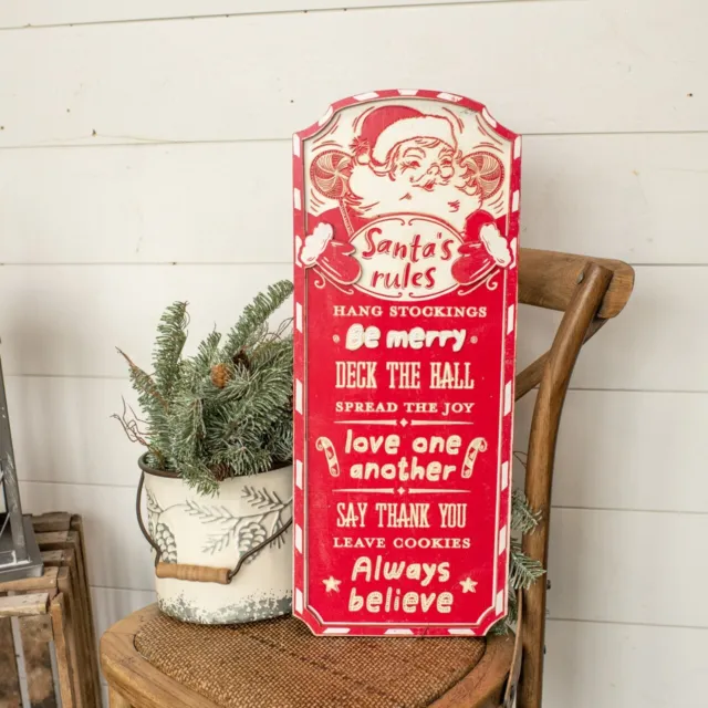 New Farmhouse Vintage Christmas Red BELIEVE SANTA RULES SIGN Wood Wall Hanging