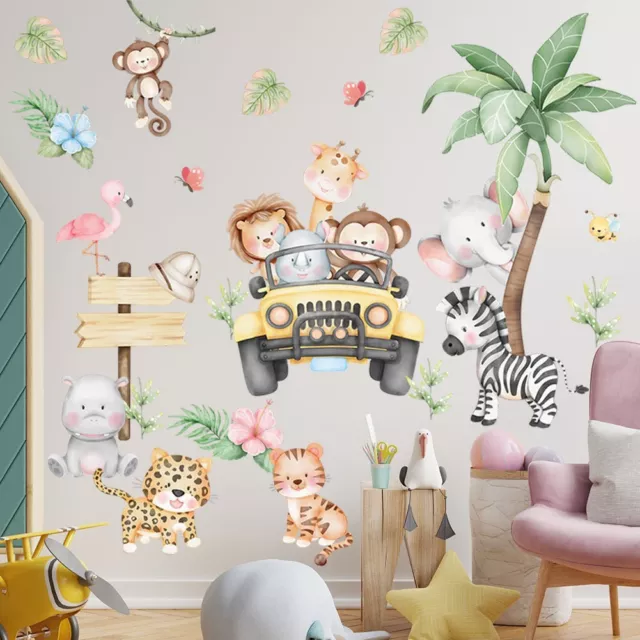 Cute Driving Animals Stickers Monkey Zebra Boys Girls Nursery Kids Room Decals