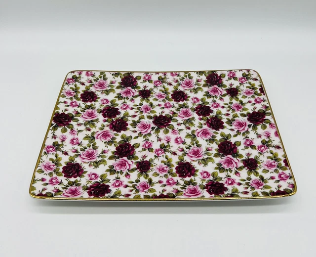 English Chintz Fine Porcelain Tray Pink Floral Roses Gold Trim Poland 8.5" X 6"
