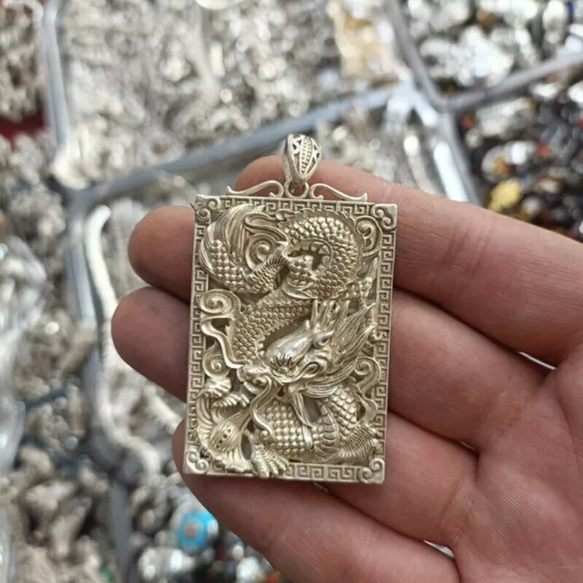 Exquisite Old Chinese feng shui tibet silver handcarved Dragon pendant