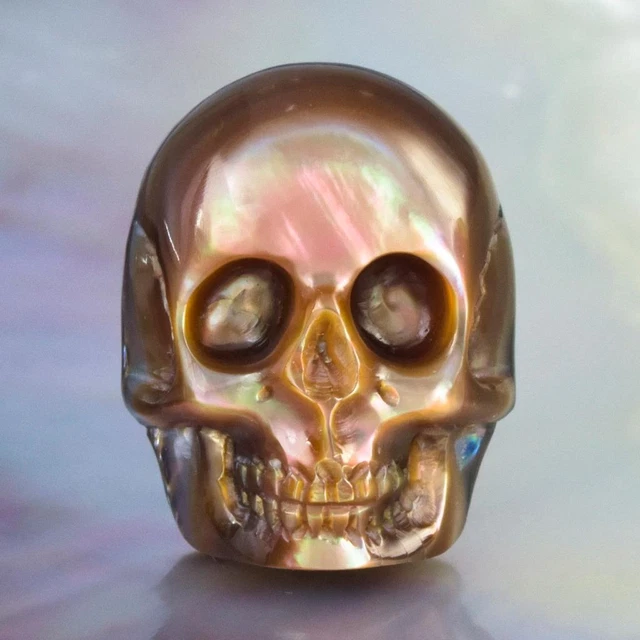 Skull Design Penguin-Wing Oyster Shell & Paua Abalone Carving Cabochon 3.52g