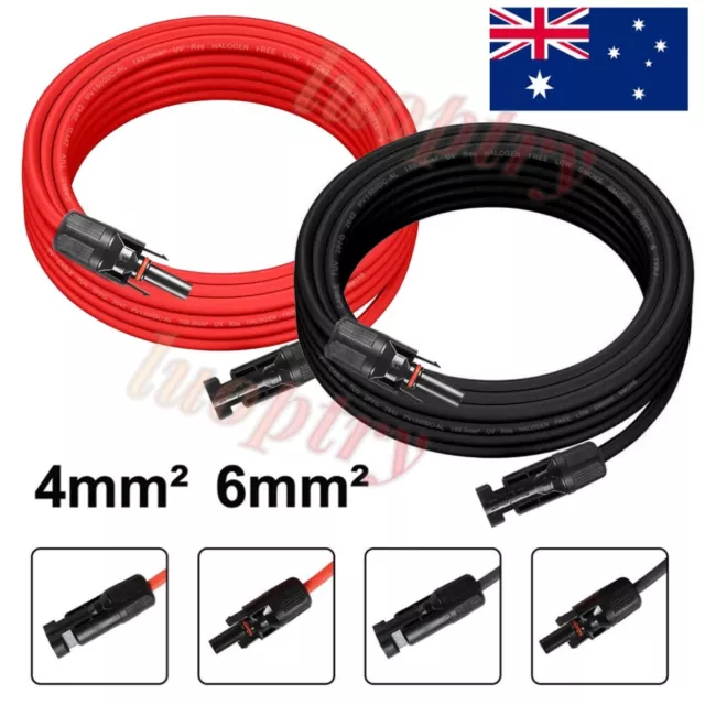 AU 1/6/10/20M Black+Red Solar Panel Extension Cable Wire+M 4 Connector 4/6mm²