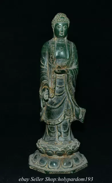 11.4" Ancient Chinese Green Jade Carved Shakyamuni Amitabha Buddha Statue