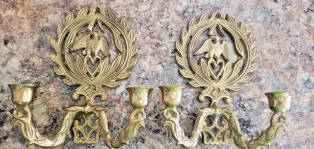 Set of 2 Vintage Solid Cast Brass Eagle Candle Holder Wall Sconce