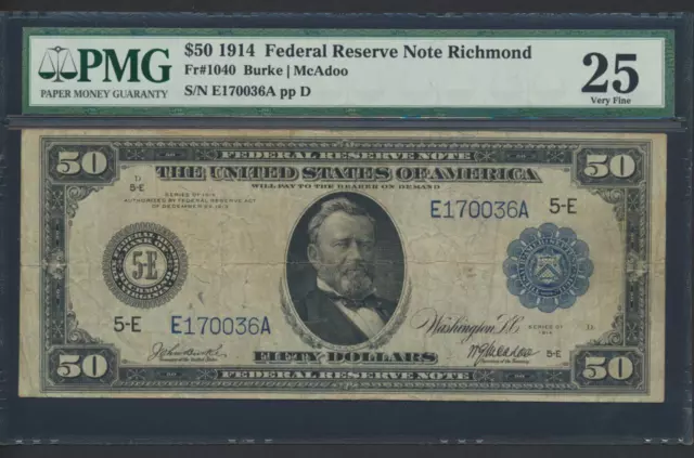Fr.1040 1914 $50 RICHMOND FRN "BURKE-MCADOO" PMG VF 25 SUPER RARE COLLECTIBLE Fr.1040 1914 $50 RICHMOND FRN "BURKE-MCADOO" PMG VF 25 SUPER RARE COLLECTIBLE