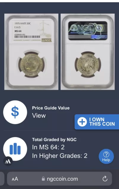 Haiti 20 Centimes Cents 1975 Coin NGC MS64 Gold only 2 graded higher
