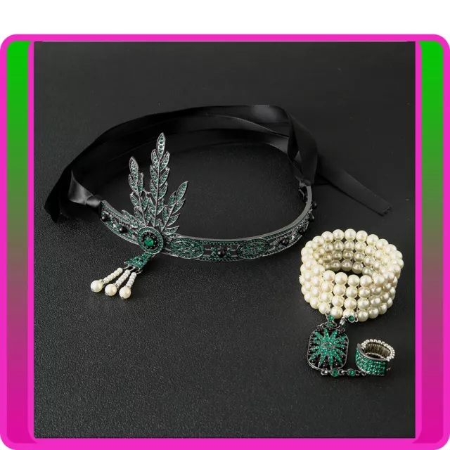 20s Headband Bracelet Ring Set Green Vintage Bridal Gatsby Costume Accessories