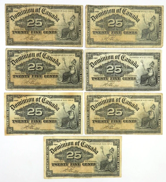 Lot of 7 - 1900 Dominion of Canada Banknote - 25 Cents Shinplaster