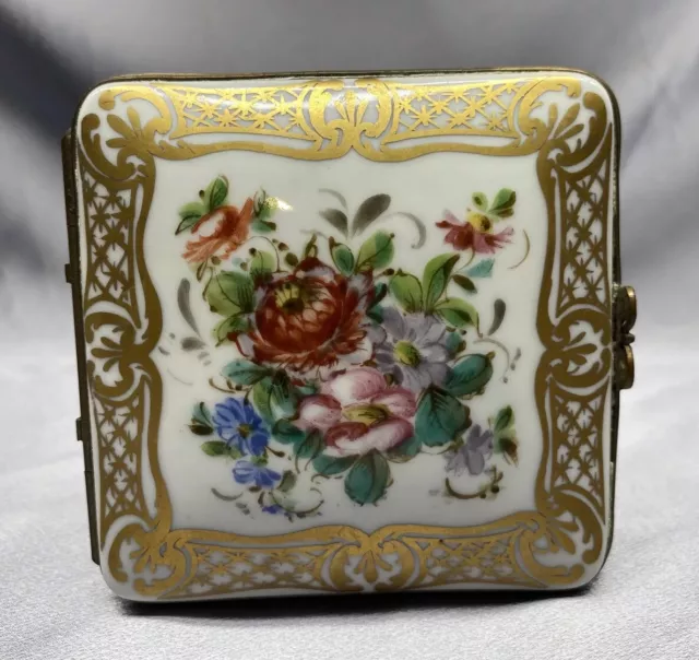 VTG Porcelain Hand Painted Sevres Type Halga Trinket Box Floral Hinged France