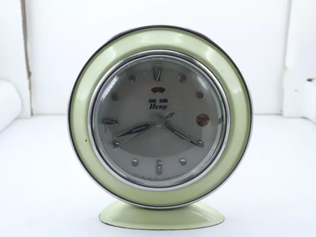 Light Green Wind-Up Hero Alarm Clock With Date, Rare Vintage Chinese, Working
