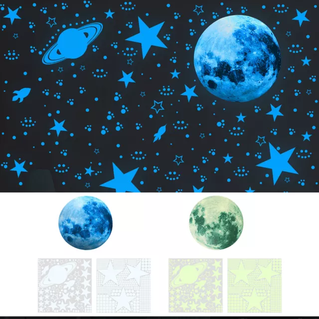 Wall Stickers Luminous Stars Moon Planet Glow In The Dark Nursery Kids Room blue