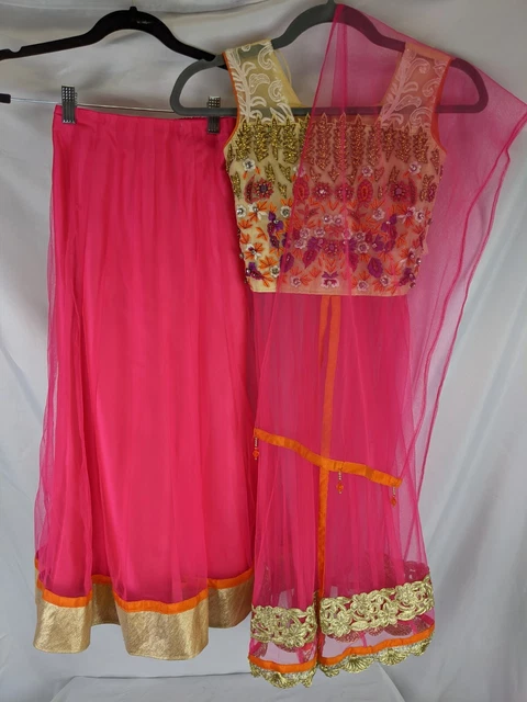 Traditional Multicolored Pink Beaded 3pc Lehenga Set Size 26 Beaded Embroidered