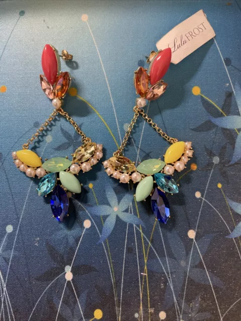 NWT Lulu Frost Multi-Color Rhinestone Faux Pearl Chandelier Dangle Earrings