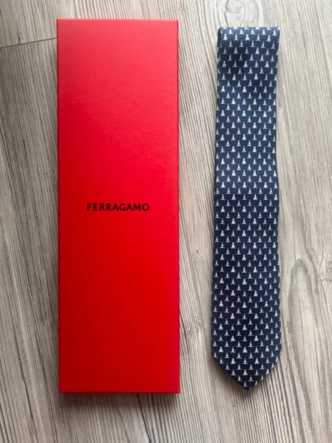 New - Ferragamo Men’s Navy Dog Print Patterned Silk Tie - Boxed