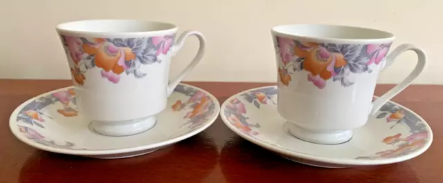 Crown Dynasty - Orange Pink Grey Flowers  -  Tea Cup/Saucer  x 2