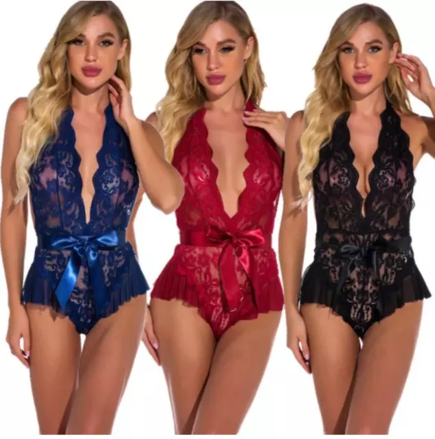 Ladies Women Sexy Mini Dress V Neck See Through Lace Slepwear  Lingerie Bodysuit