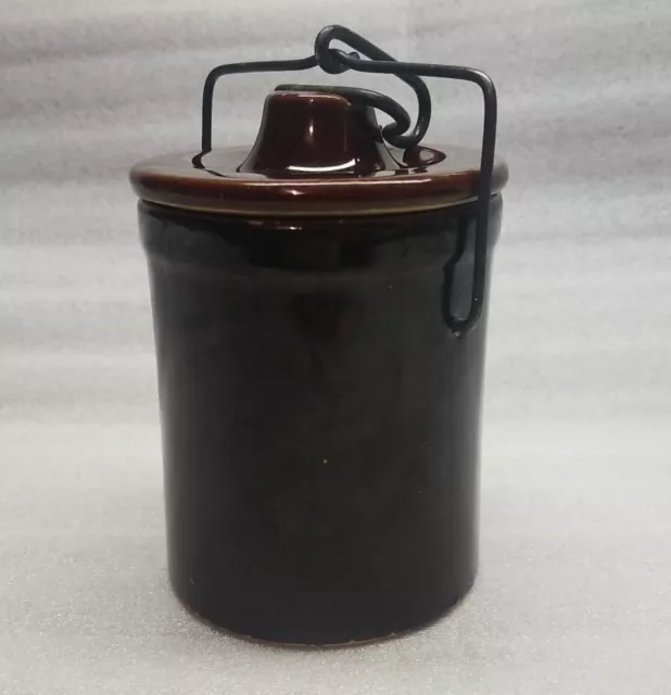 Vintage Glazed Stoneware 4" Tall Cheese Crock With Wire Bale Lid Latch