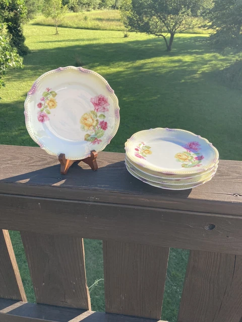 5 Piece PK Silesia Pink Yellow Roses Scalloped Dessert Plates Circa 1914-1922