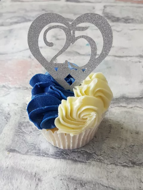 12 Silver 25th Anniversary Heart Cupcake Toppers In Non Shed Glitter Card