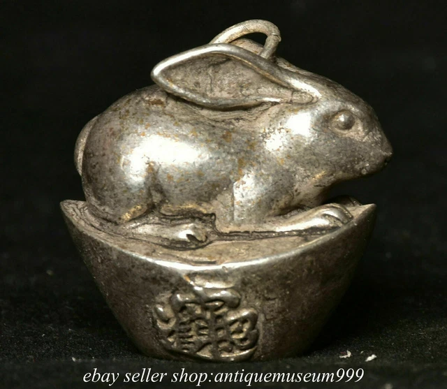 1.4" Old Chinese Silver Fengshui 12 Zodiac Year Rabbit Yuan Bao Statue Pendant
