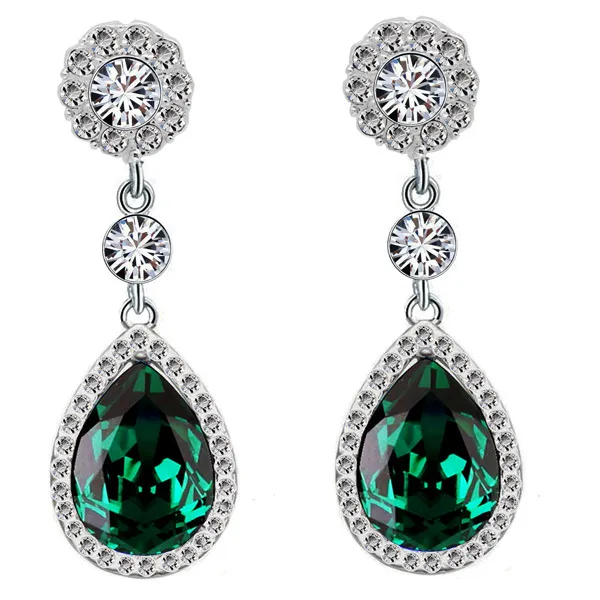 Luxury Diamond Shine Rhinestone Emerald Green Long Drop Stud Earrings E867