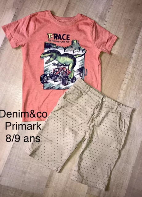 Denim&co Free Primark  8 / 9 ANS Garçon: T Shirt Dino+ Short Beige Été TBE