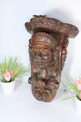 Antique French gothic wood carved head wall console devil satyr