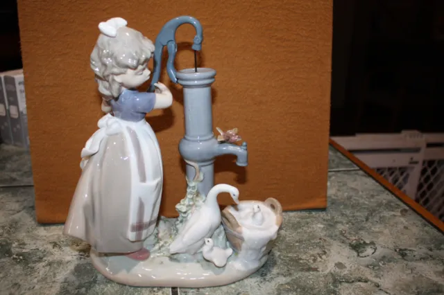 Lladro Porcelain F  On The Farm Girl Pumping Water Geese 9” tall