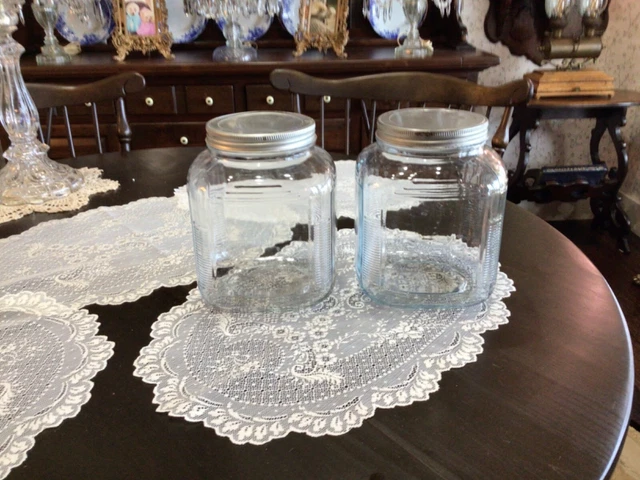 2 Kitchen Cabinet Hoosier Glass Silver Lid Square Jar Canister Ribbed MCM