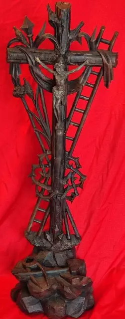 22" Antique French Black Forest Wood Carved  Cross Crucifix Christ Religious