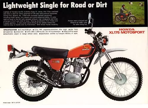 1973 HONDA XL175  MOTOSPORT ROAD OR DIRT BIKE 1 pg Motorcycle Sales Brochure NOS