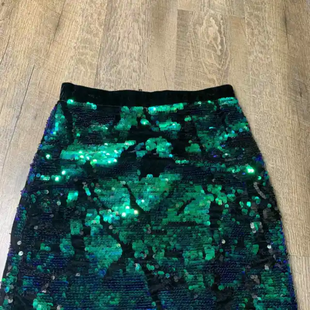 Topshop Skirt Womens Size 4 Green Sequin Velvet Velour Straight Pencil Lined 2