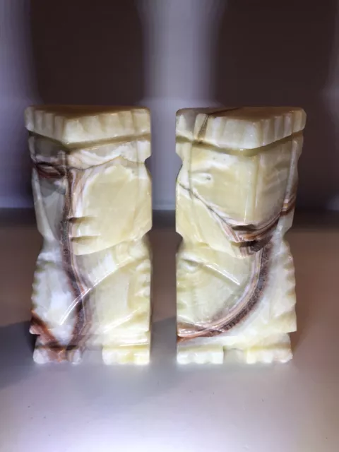 Vintage Pair Of 2 Tiki Carved Marble Or Alabaster 6.5 Inch Book Ends Preowned
