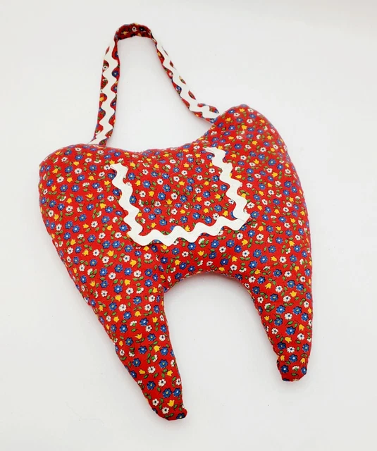 TOOTH FAIRY PILLOW with Pocket Handmade Red Print with White Rick Rack