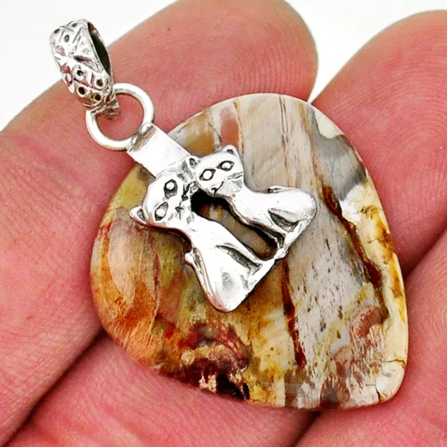 26.43cts Natural Peanut Petrified Wood Fossil 925 Silver Two Cats Pendant Y17962